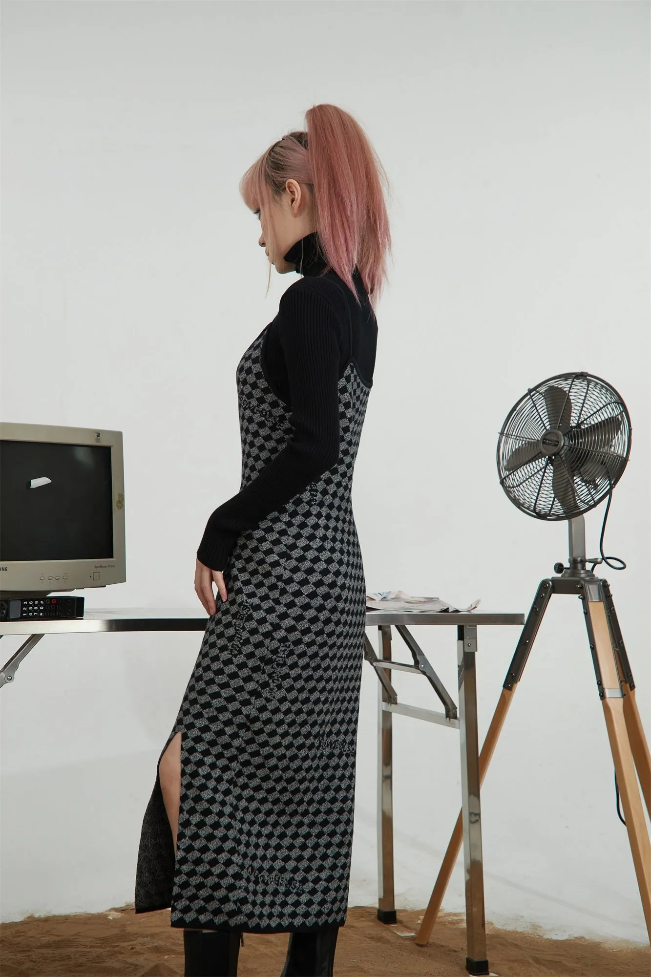 A-Line Slit Check Sleeveless Dress