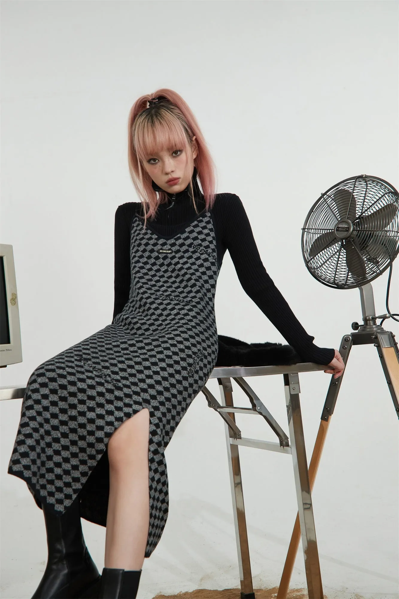 A-Line Slit Check Sleeveless Dress