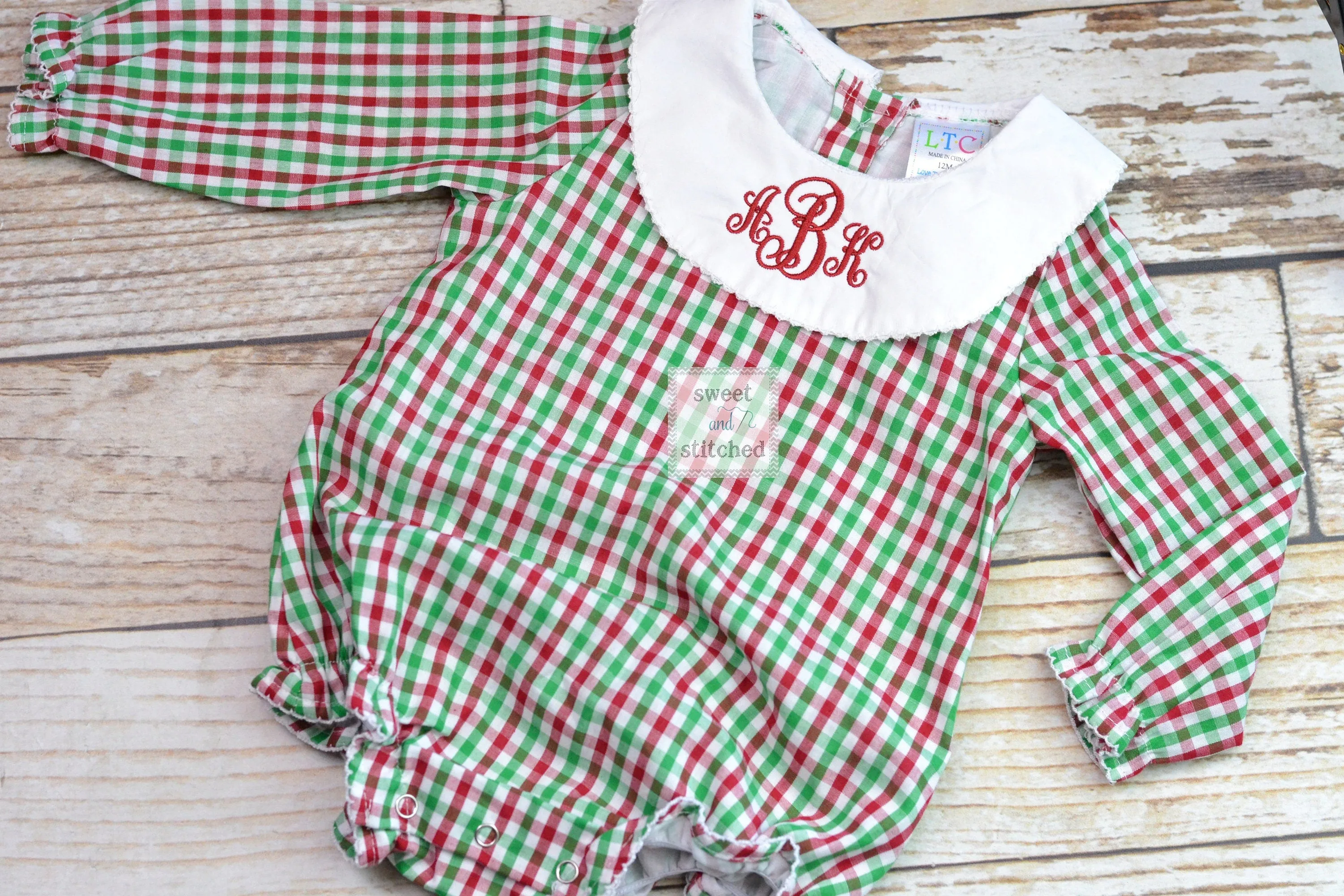 Baby girl monogrammed Christmas bishop bubble in red green and white gingham, Ruffle Christmas bubble, girls Christmas outfit