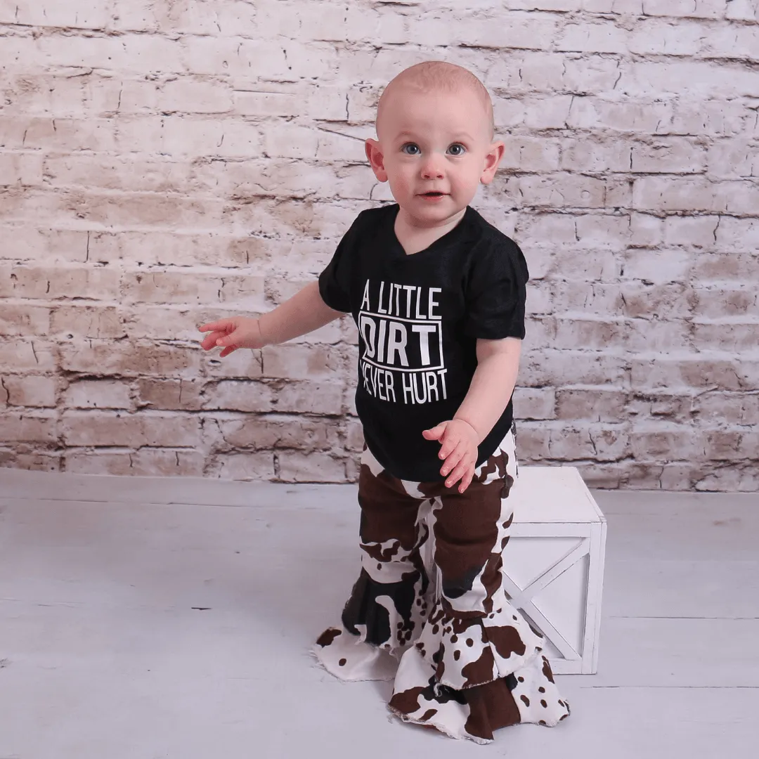 Bell Bottom Denim Ruffle Pants - Cow print
