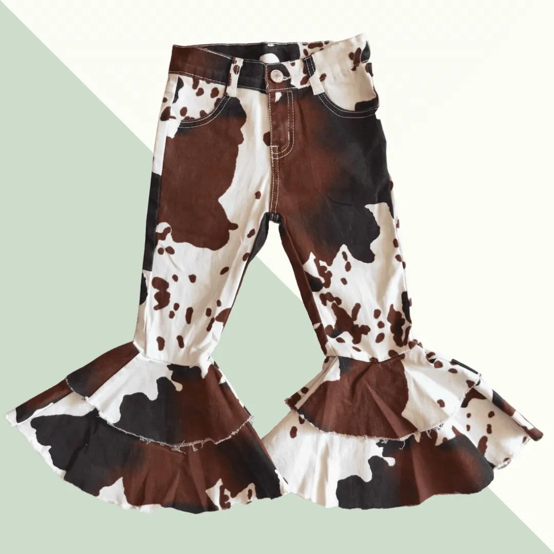 Bell Bottom Denim Ruffle Pants - Cow print