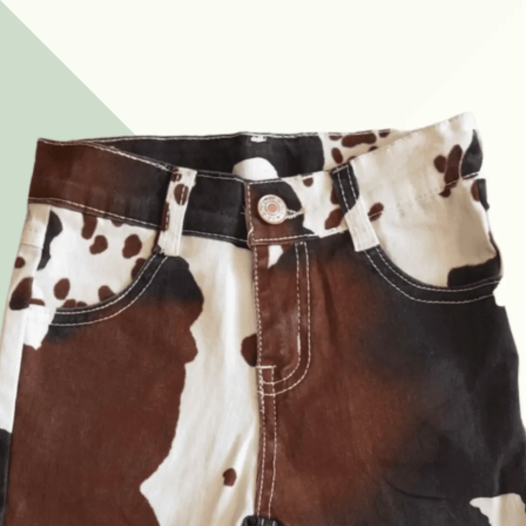 Bell Bottom Denim Ruffle Pants - Cow print