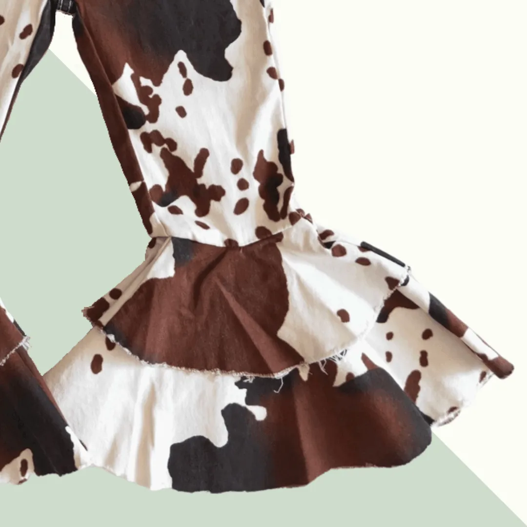 Bell Bottom Denim Ruffle Pants - Cow print