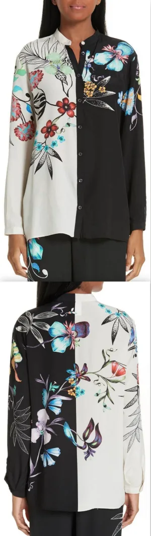 Bicolor Floral Print Silk Blouse