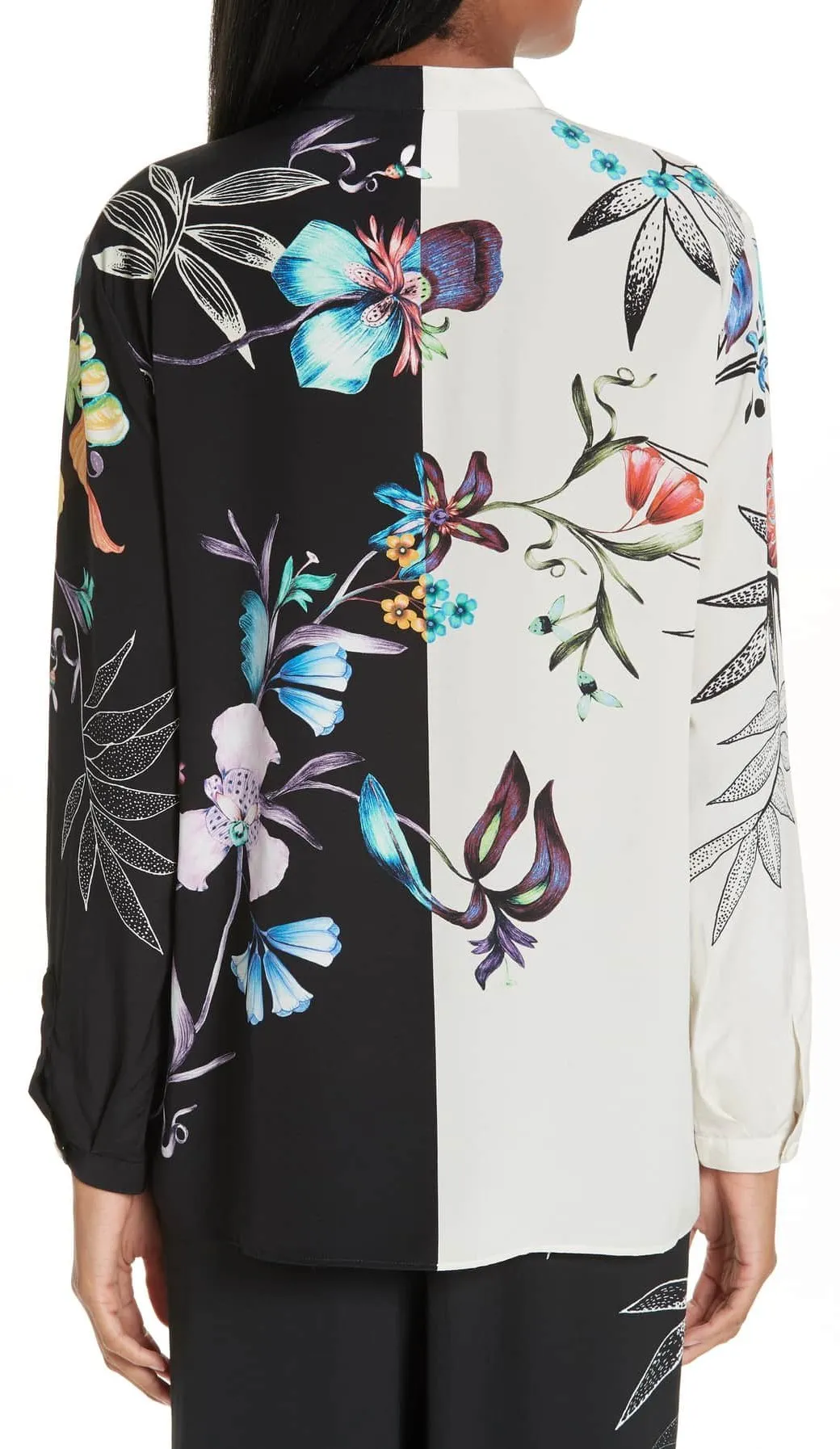 Bicolor Floral Print Silk Blouse