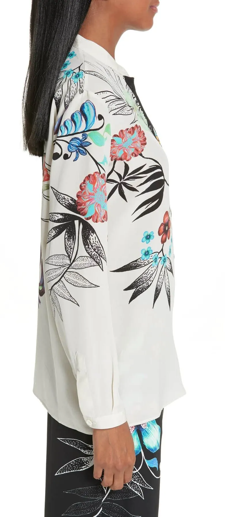 Bicolor Floral Print Silk Blouse