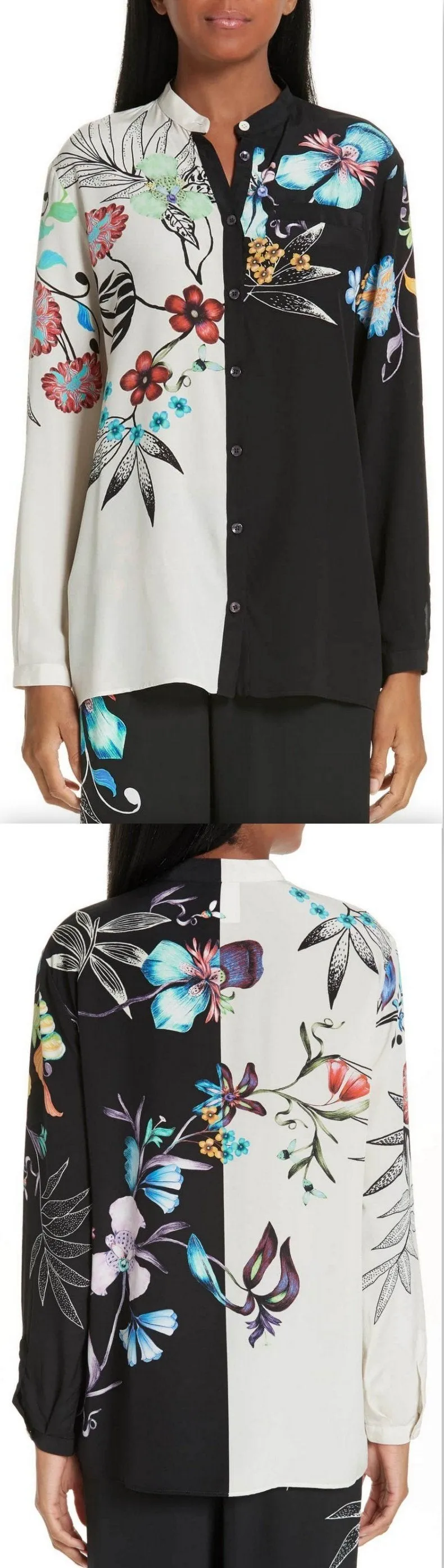 Bicolor Floral Print Silk Blouse