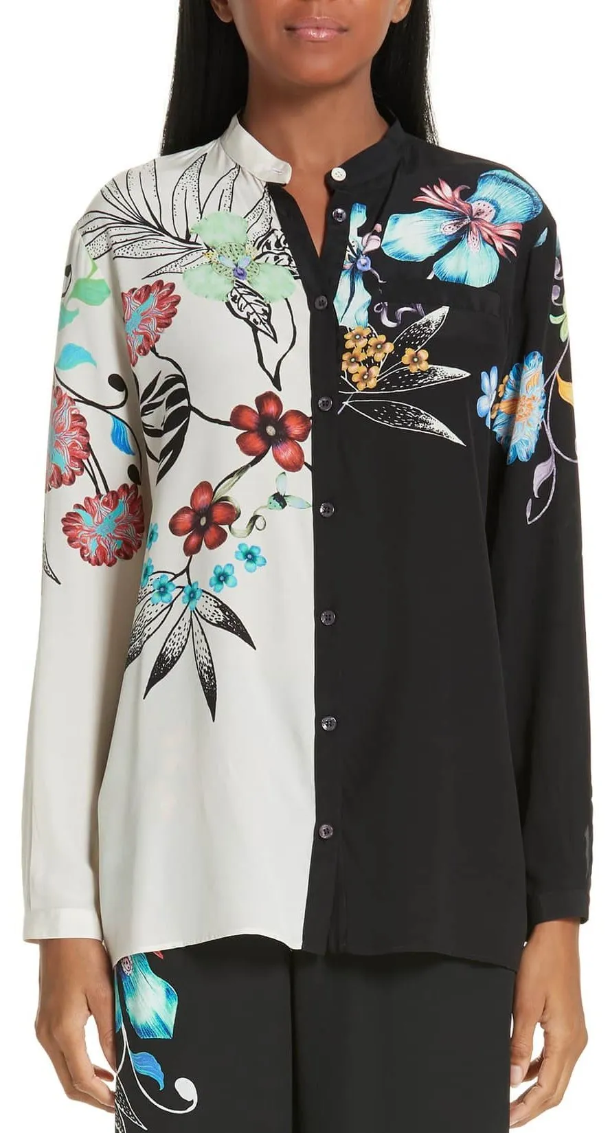 Bicolor Floral Print Silk Blouse