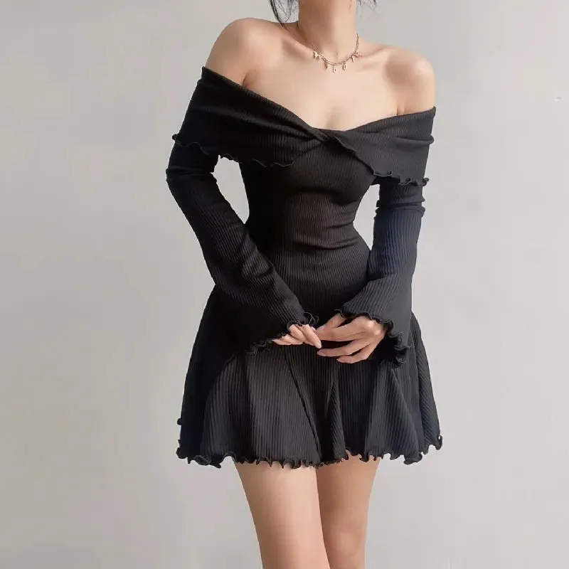 Black Autumn Strapless Off Shoulder Long Sleeves Knitting Mini Club Party A-Line Dress