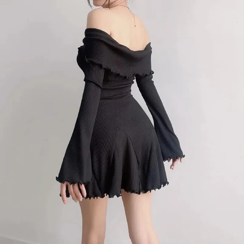 Black Autumn Strapless Off Shoulder Long Sleeves Knitting Mini Club Party A-Line Dress