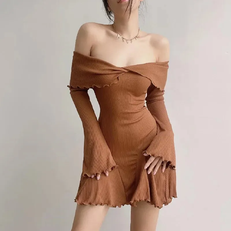 Black Autumn Strapless Off Shoulder Long Sleeves Knitting Mini Club Party A-Line Dress