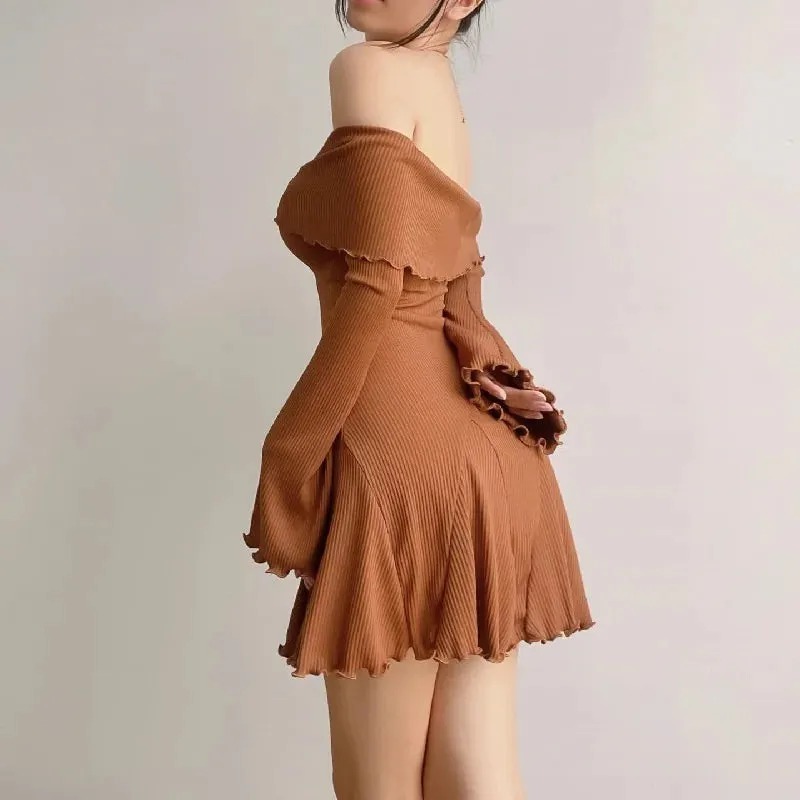 Black Autumn Strapless Off Shoulder Long Sleeves Knitting Mini Club Party A-Line Dress