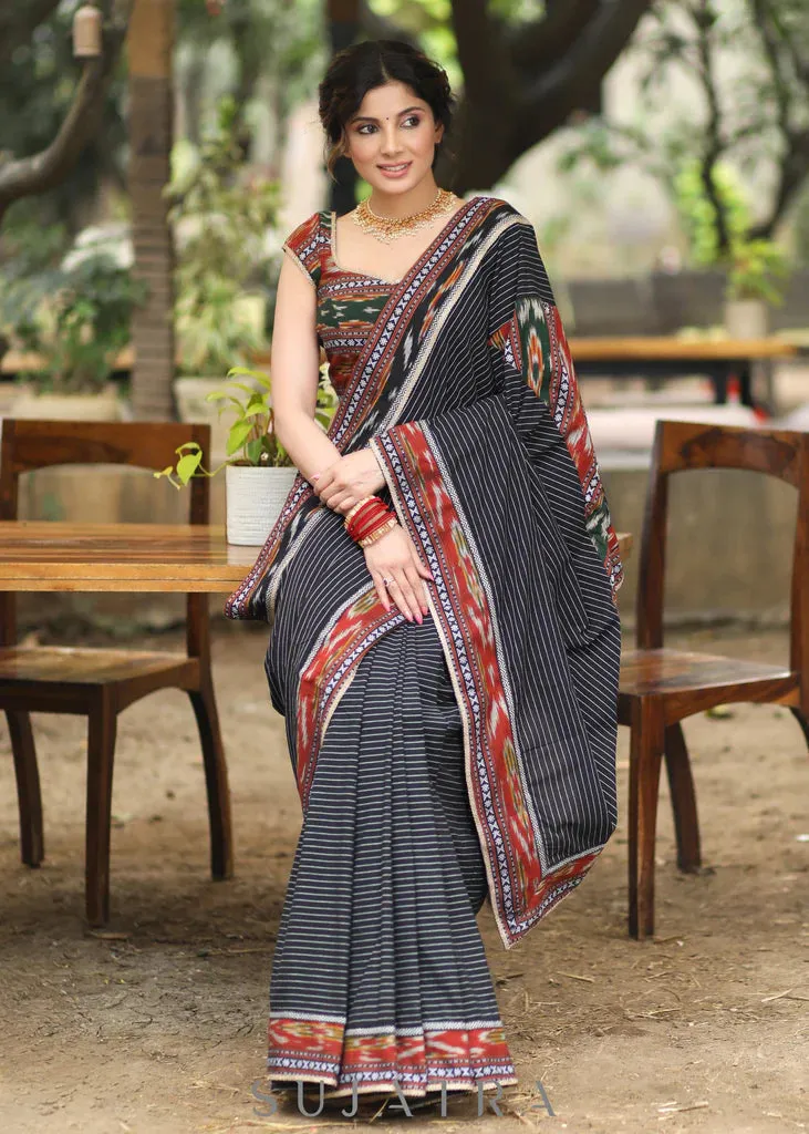 BLACK COTTON SAREE WITH IKAT BORDER AND PALLU