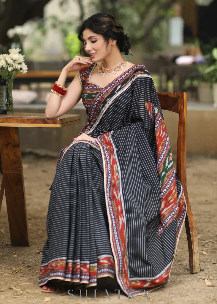 BLACK COTTON SAREE WITH IKAT BORDER AND PALLU