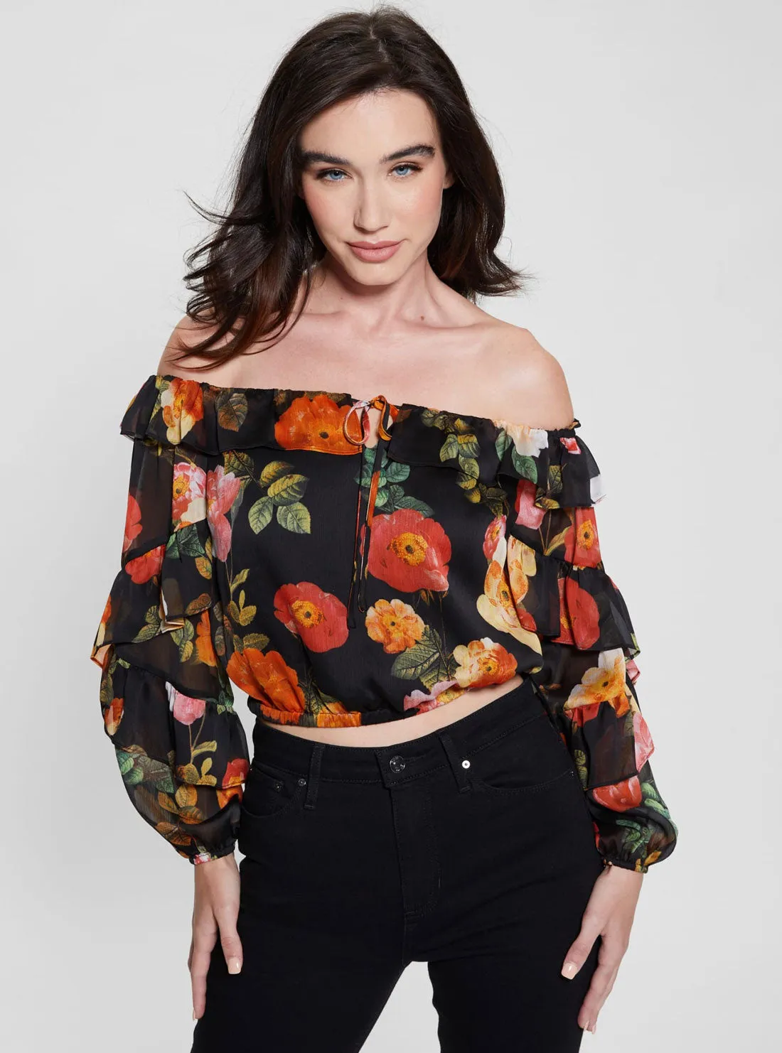 Black Floral Shani Ruffle Top