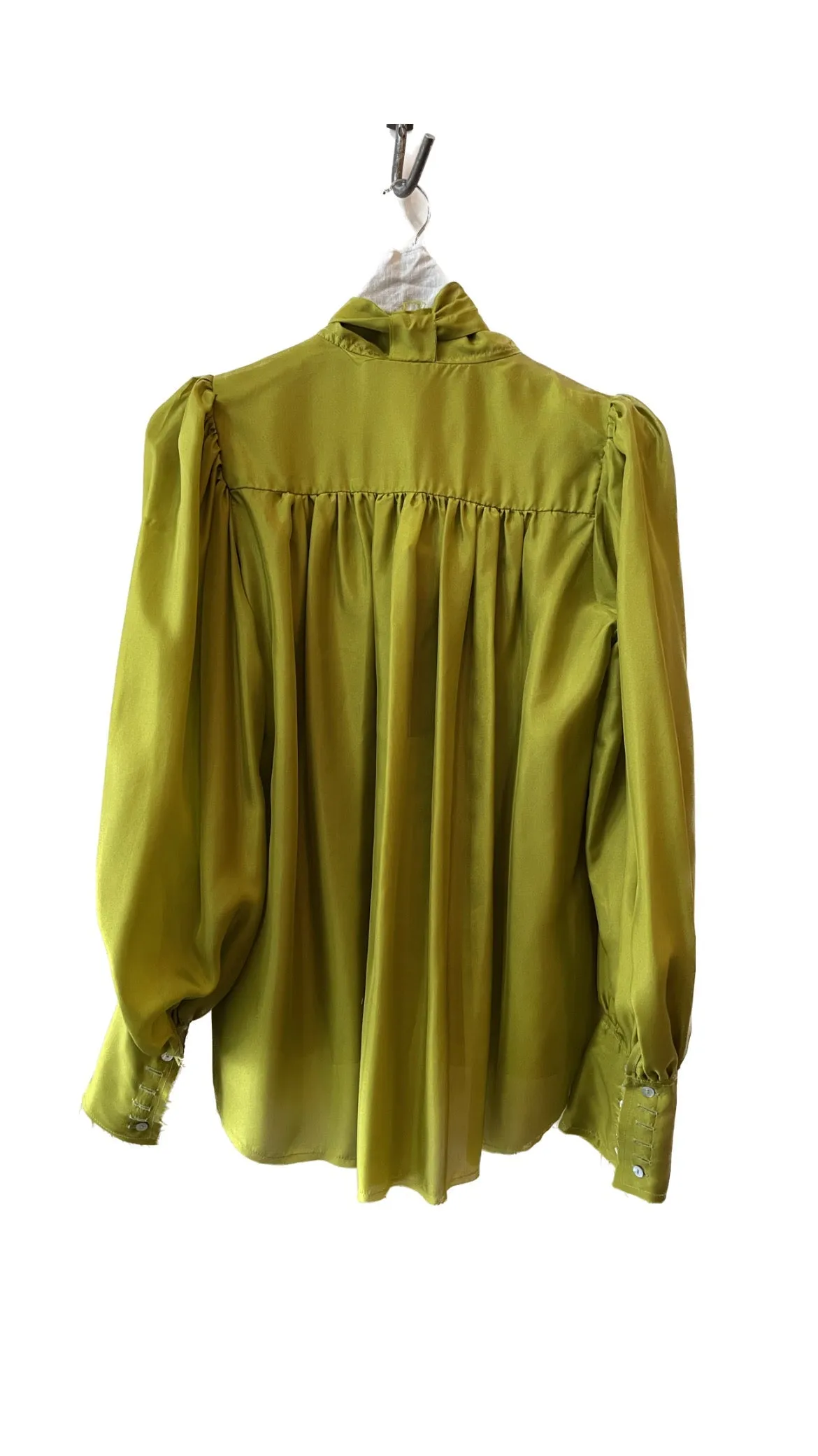 Button Through Blouse with Optional Neck Tie (Silk) - Chartreuse