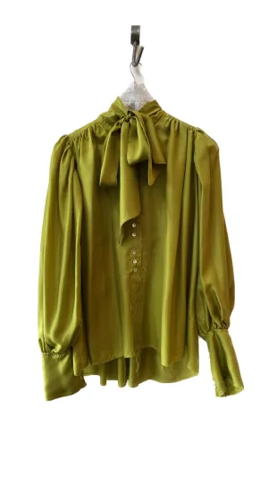 Button Through Blouse with Optional Neck Tie (Silk) - Chartreuse