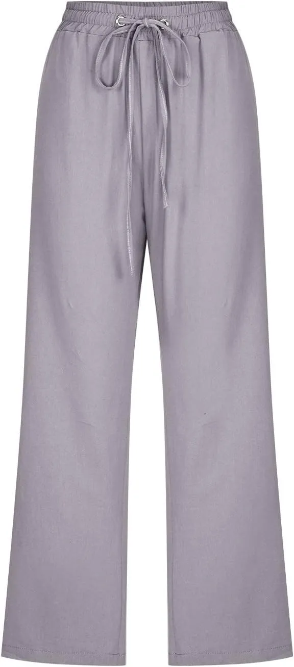 Capri Pants for Women Casual Summer Cotton Linen Cropped Trouser Drawstring Elastic Waist Pant Pocket Wide Leg Capris