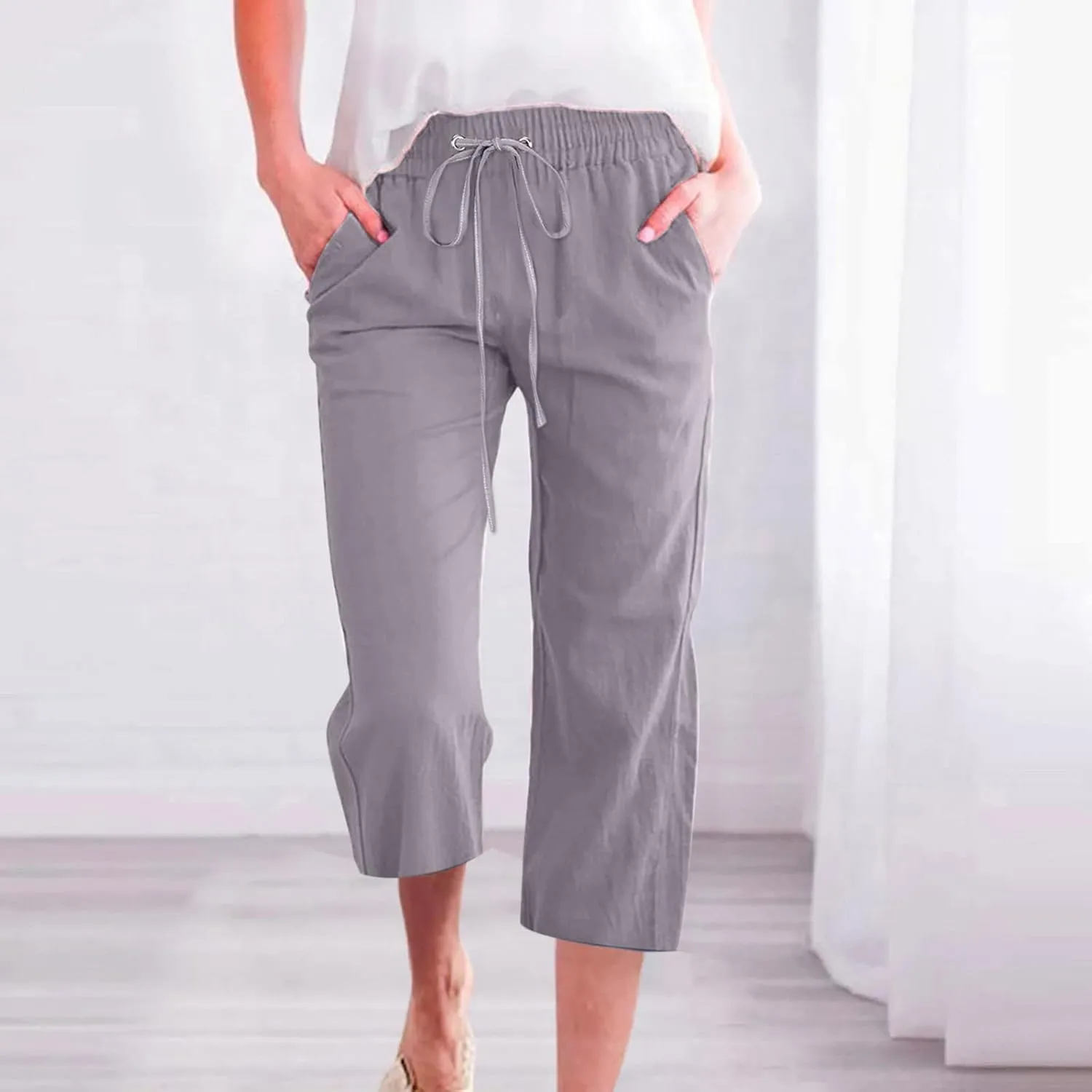 Capri Pants for Women Casual Summer Cotton Linen Cropped Trouser Drawstring Elastic Waist Pant Pocket Wide Leg Capris