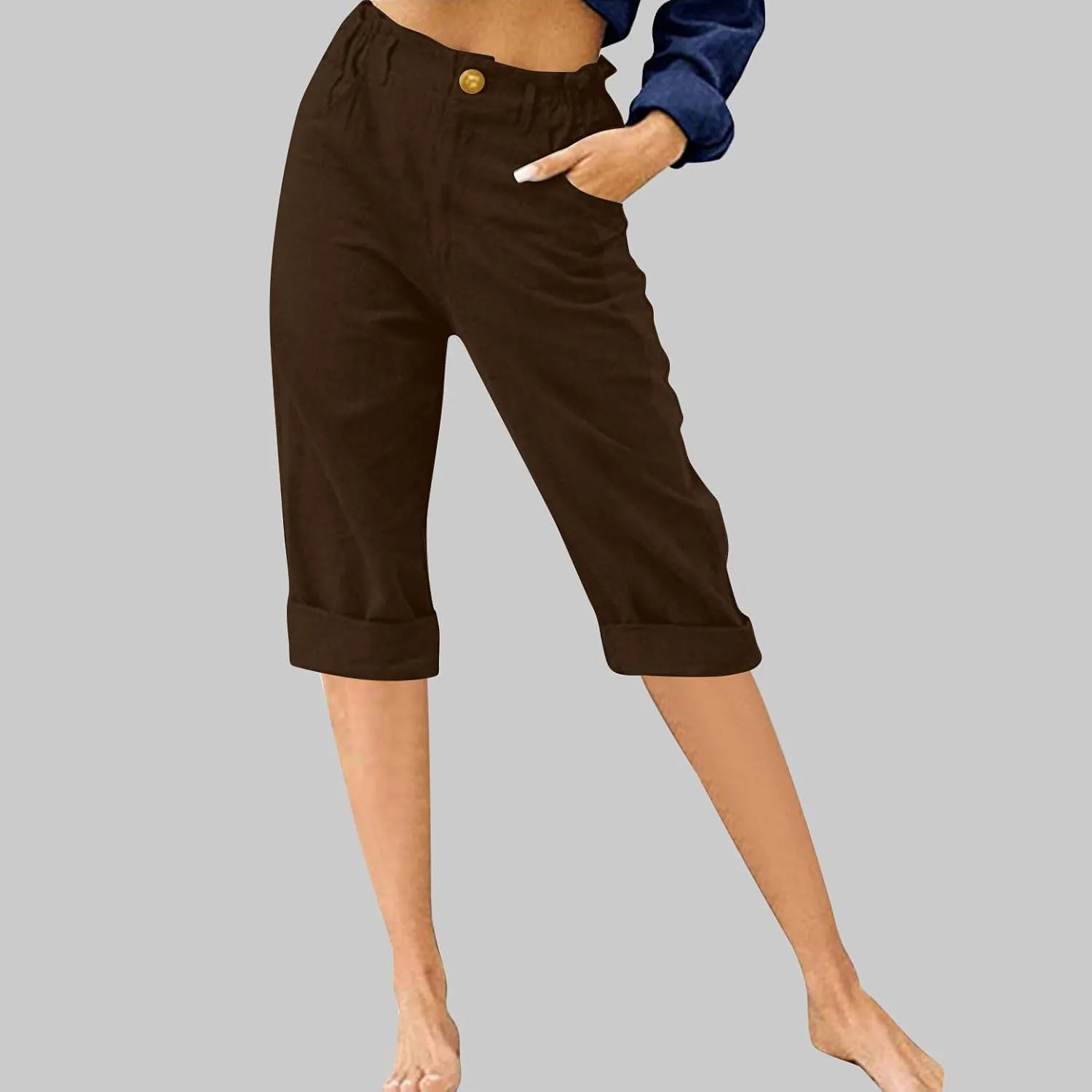 Capri Pants for Women Petite Summer Cotton Linen Pants Loose Comfy Elastic Waist Cropped Trouser Casual Beach Clothes
