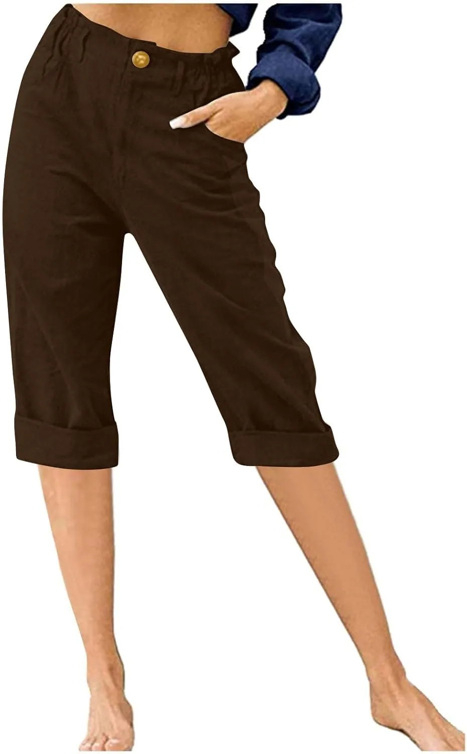 Capri Pants for Women Petite Summer Cotton Linen Pants Loose Comfy Elastic Waist Cropped Trouser Casual Beach Clothes
