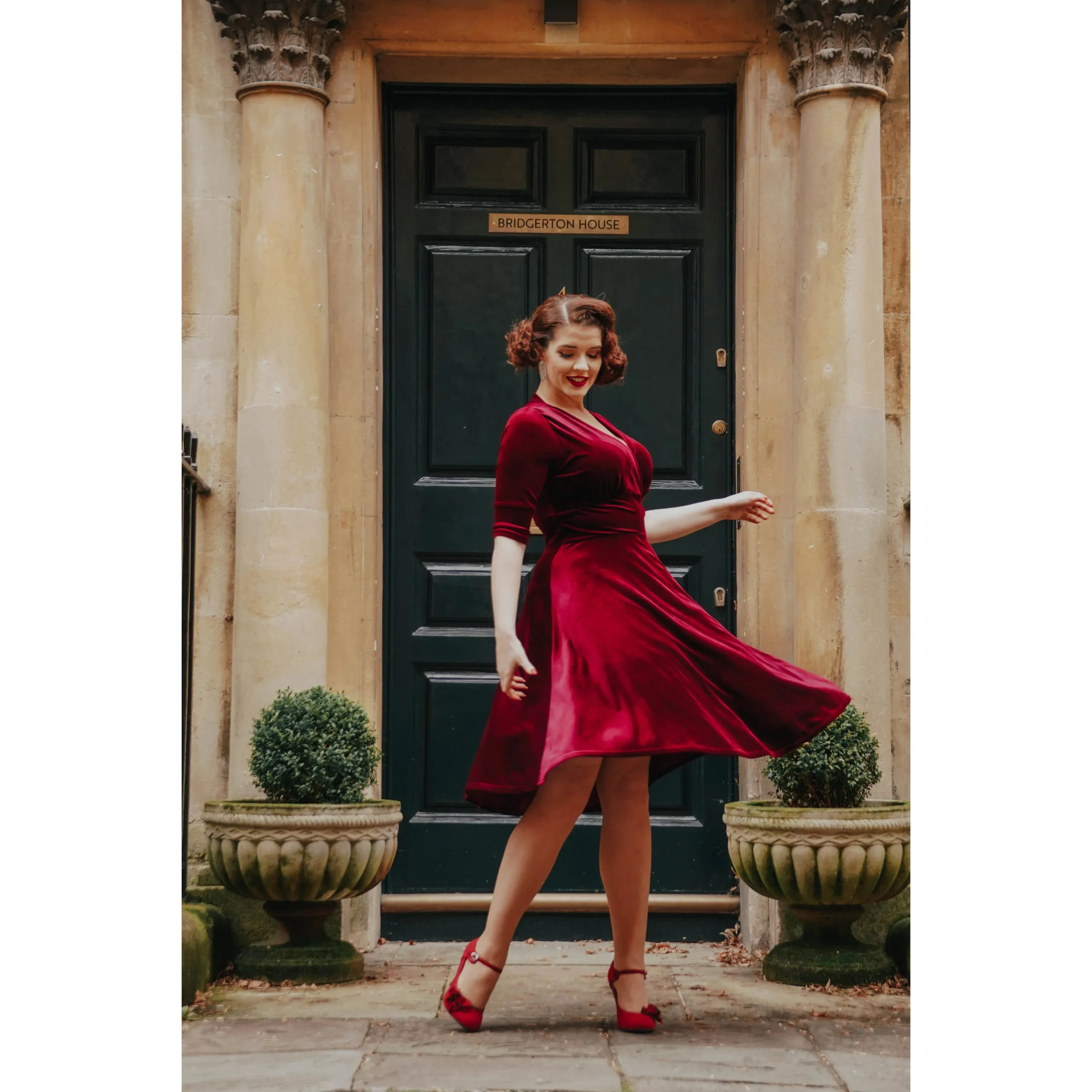 Claret Red Velour Deep V Wrapover 3/4 Sleeve Swing Dress