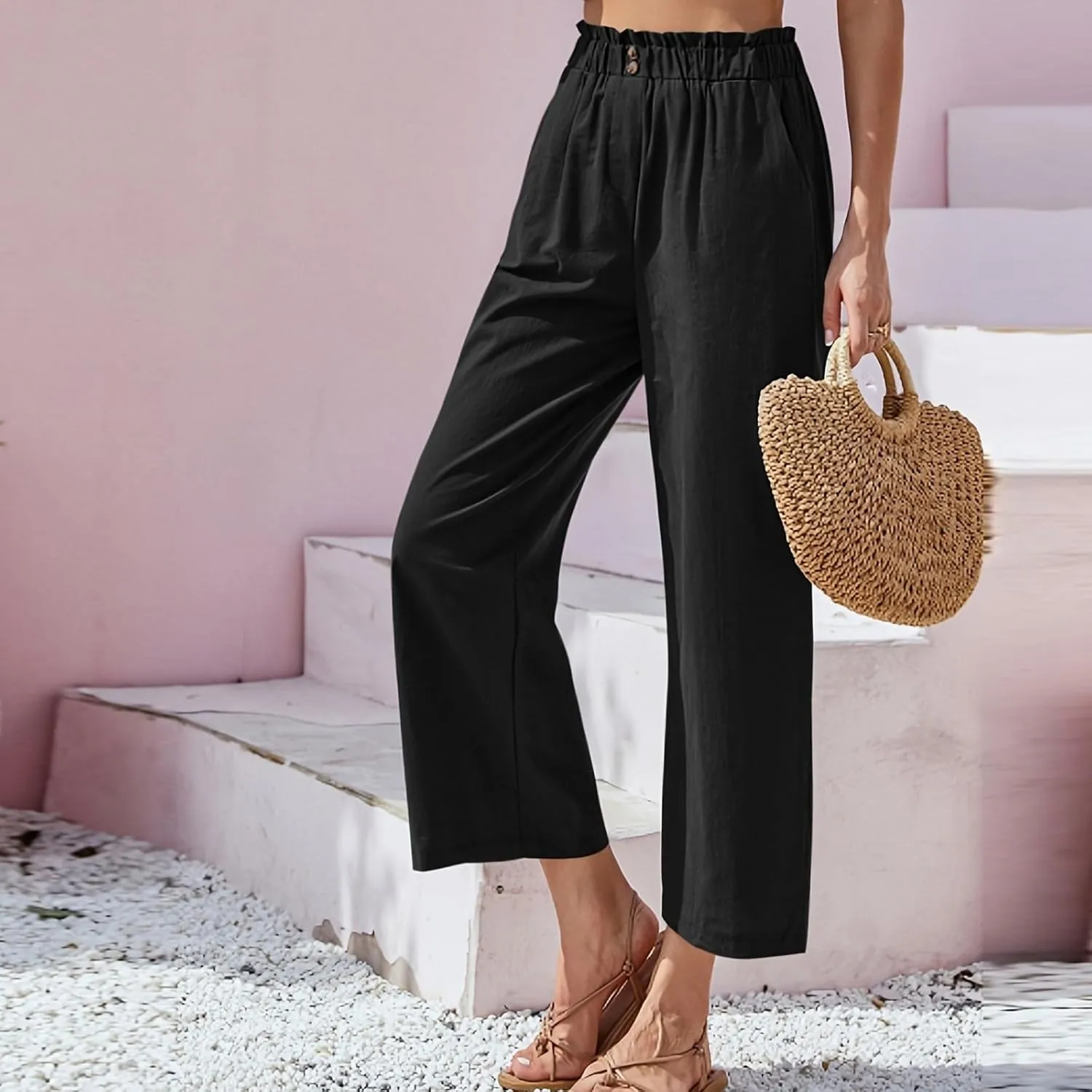 Cropped Wide Leg Linen Pants for Women Paperbag High Waisted Palazzo Pants Button Down Beach Trousers with Pockets