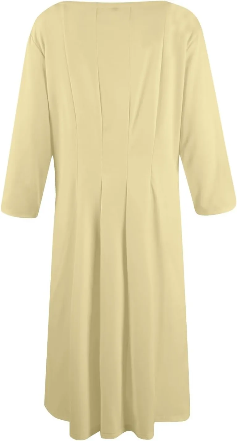 Dresses for Women Spring Round Neck 3/4 Sleeve Midi Dress A Line Pleated Solid Color Dresses