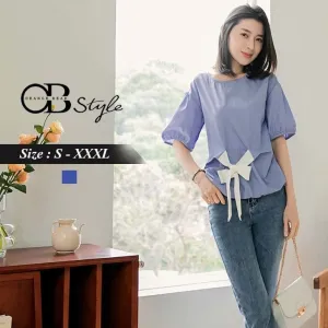 ELEGANT ROUND NECK STRIPED PATCHED SHORT SLEEVE TOPS