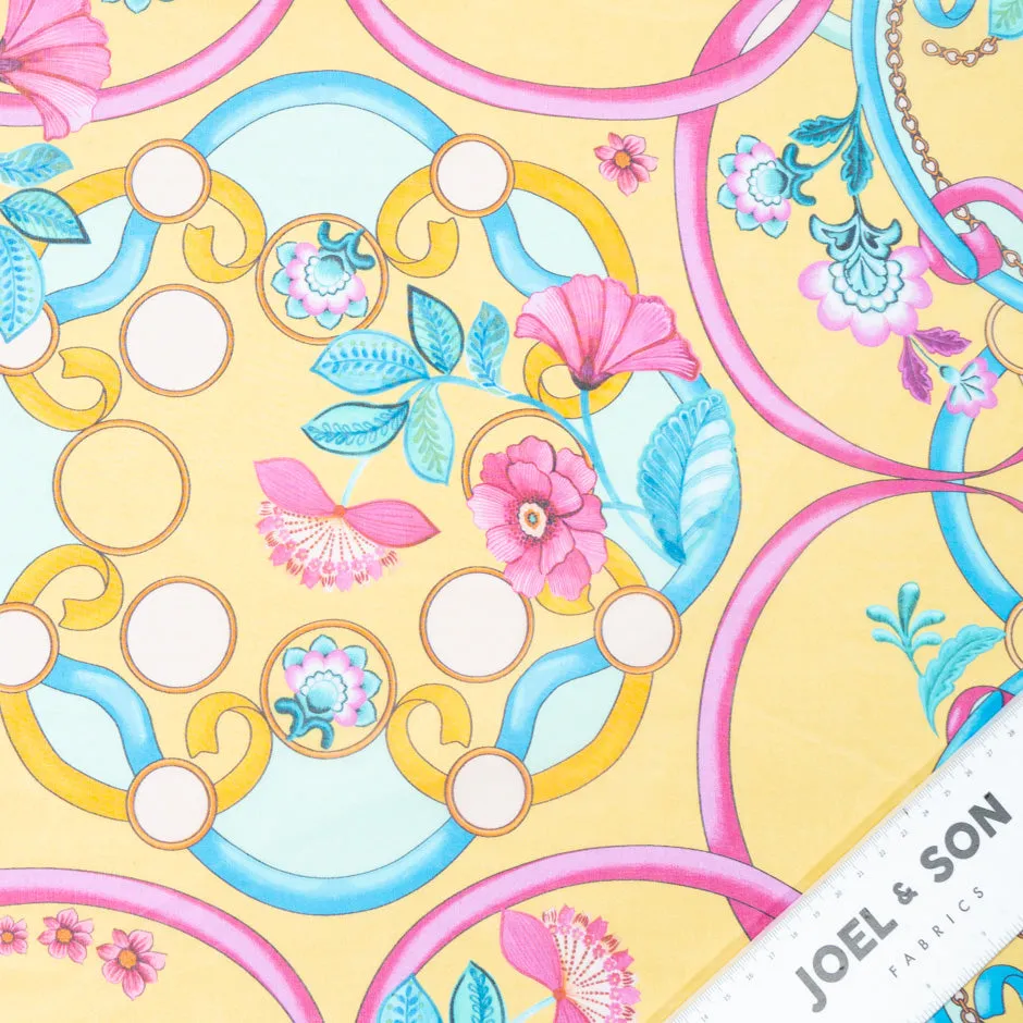 Floral & Ribbon Printed Yellow Silk Georgette