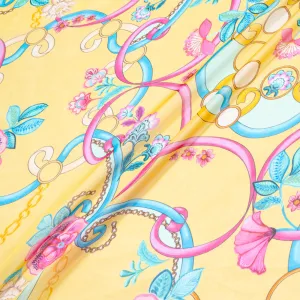 Floral & Ribbon Printed Yellow Silk Georgette