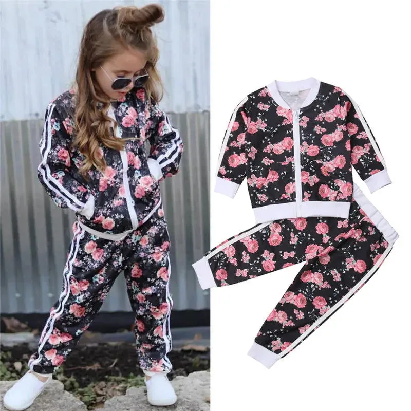 Girl Floral Print Long Sleeve Sweatshirt Long Pants Outfit Autumn Tracksuit*