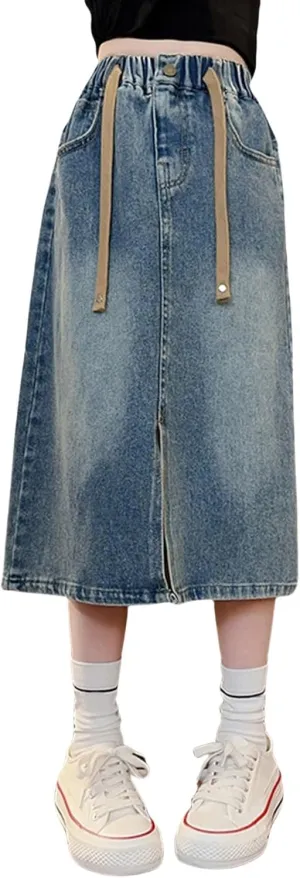 Girls Casual Stretch Waist Washed Denim A-line Maxi Skirt Midi Pleated Buttons A-Line Over-Knee Dress with Pocket