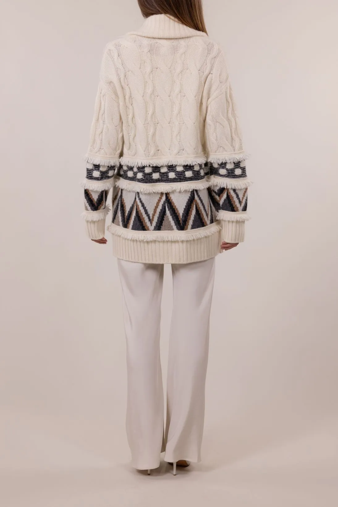 JACQUARD FRINGE CABLE CARDIGAN