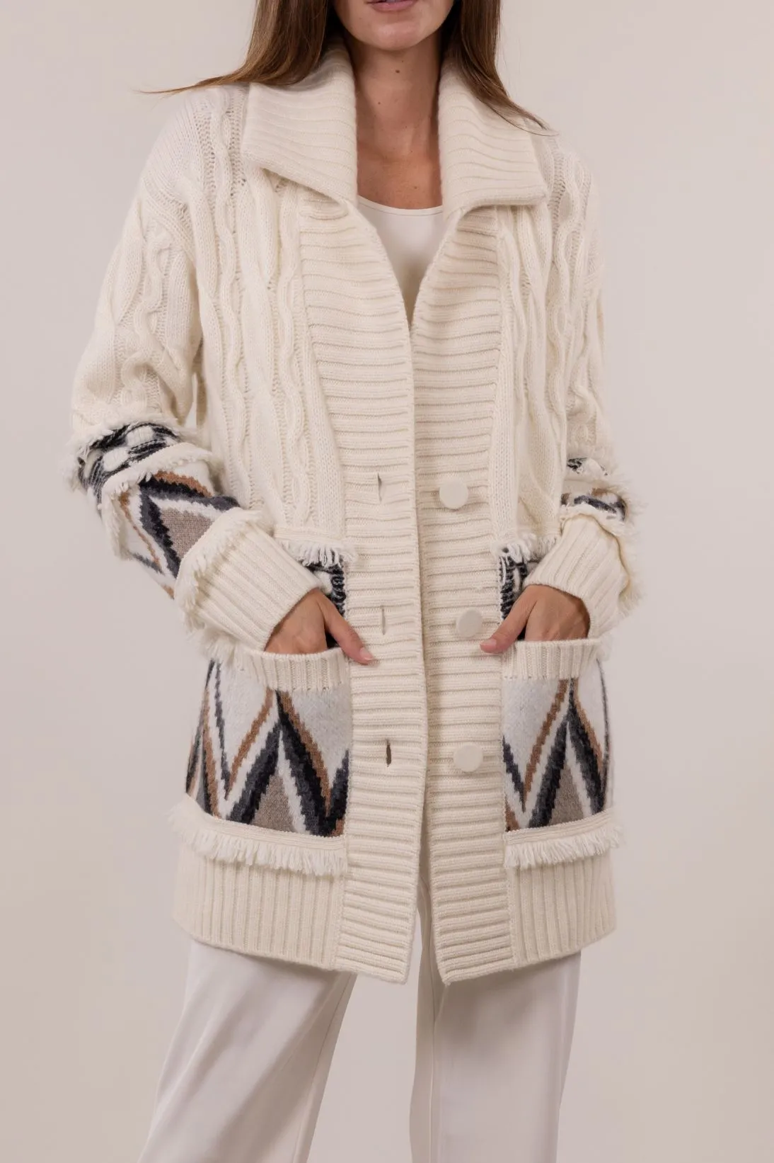 JACQUARD FRINGE CABLE CARDIGAN