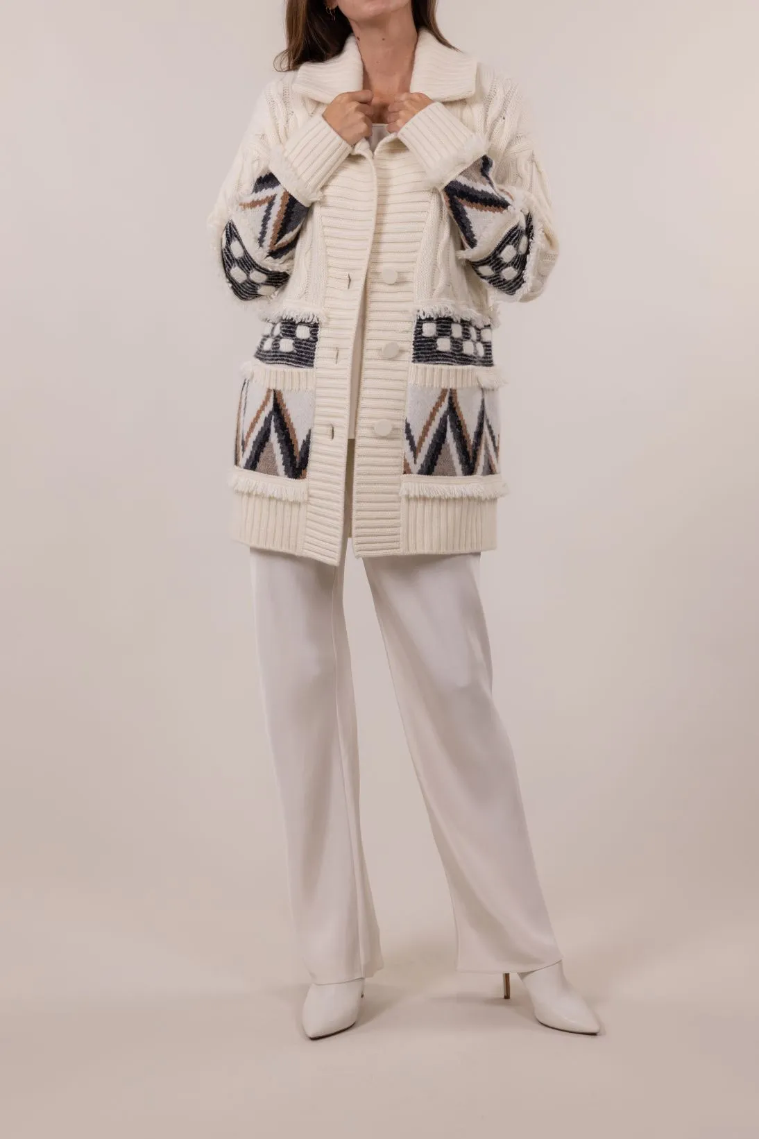JACQUARD FRINGE CABLE CARDIGAN