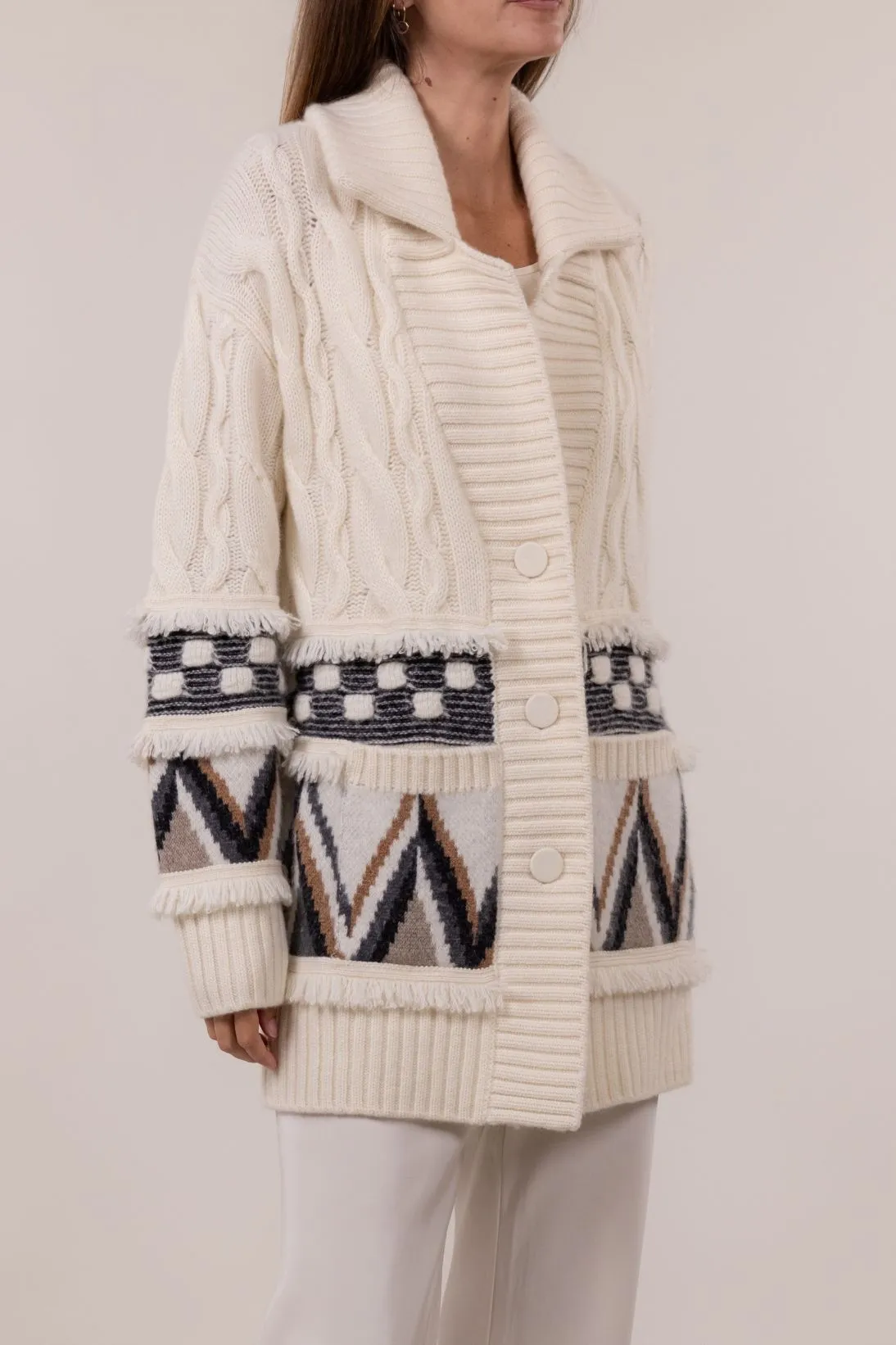 JACQUARD FRINGE CABLE CARDIGAN