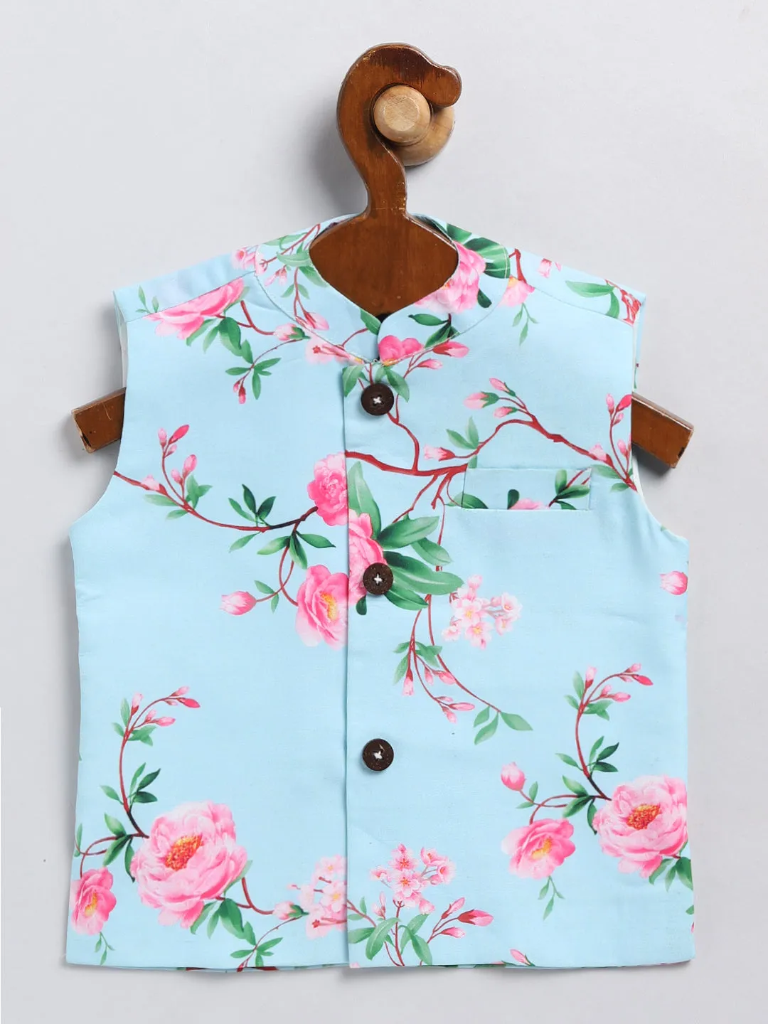 Jashvi Boy's Aqua Blue Floral Silk Blend Nehru Jacket