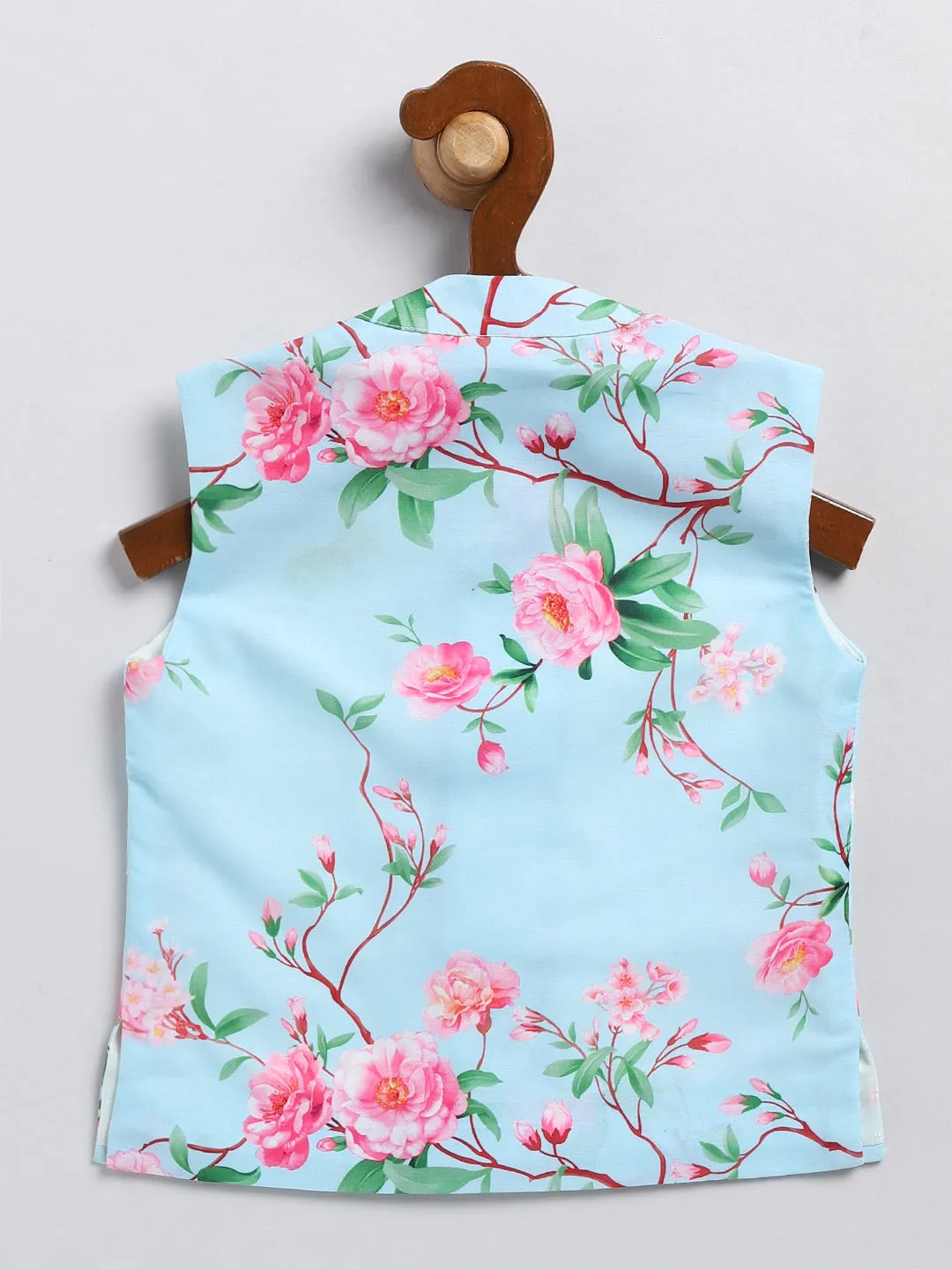 Jashvi Boy's Aqua Blue Floral Silk Blend Nehru Jacket