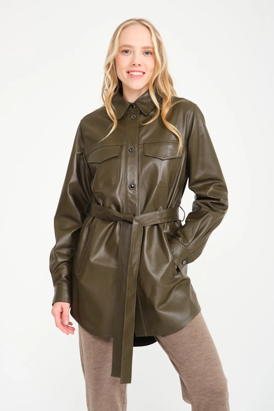 Khaki Leather Coat