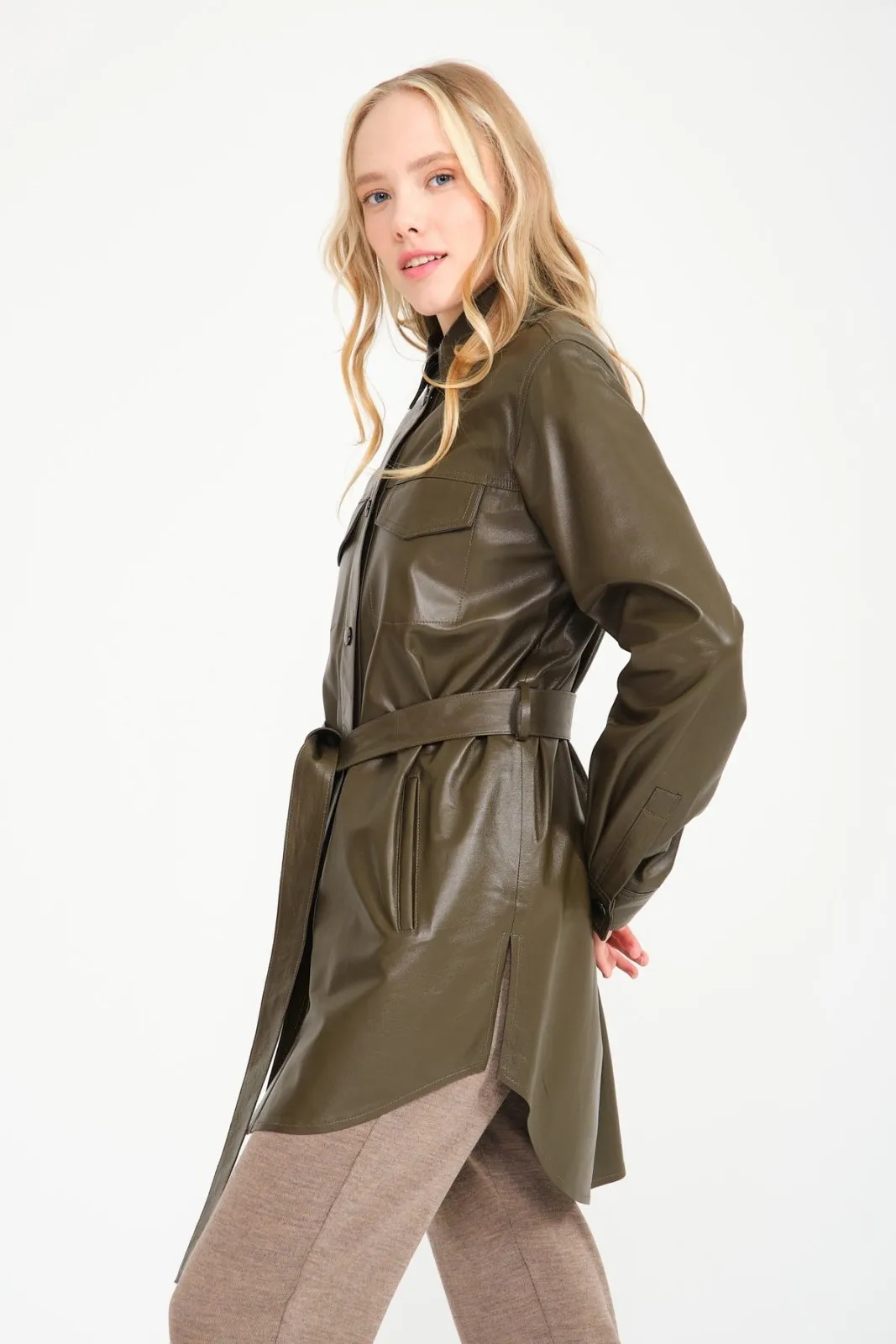 Khaki Leather Coat