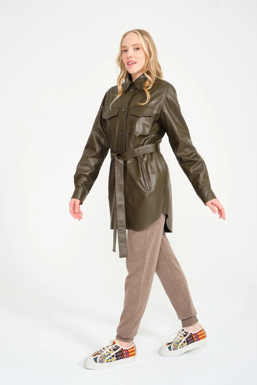 Khaki Leather Coat