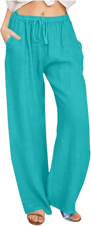 Lmdudan 2025 Womens Casual Linen High Waist Pants Drawstring Loose Fit Summer Pants Comfy Dressy Trousers with Pockets