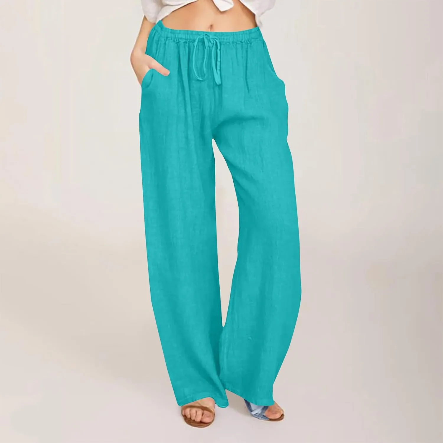Lmdudan 2025 Womens Casual Linen High Waist Pants Drawstring Loose Fit Summer Pants Comfy Dressy Trousers with Pockets