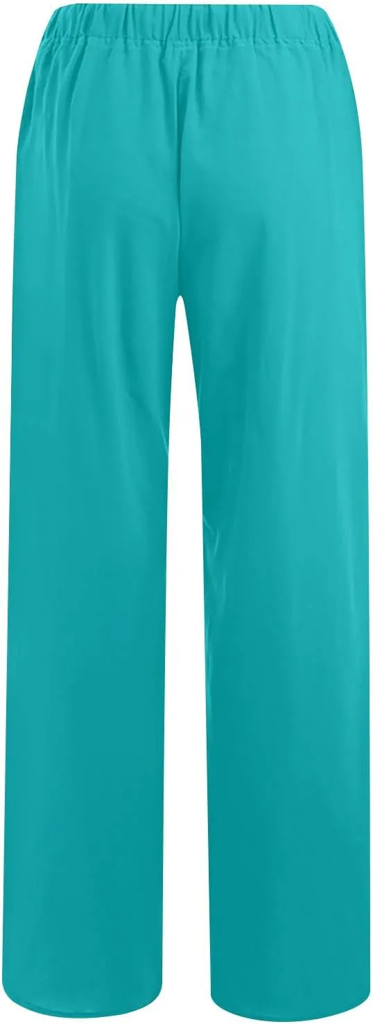 Lmdudan 2025 Womens Casual Linen High Waist Pants Drawstring Loose Fit Summer Pants Comfy Dressy Trousers with Pockets
