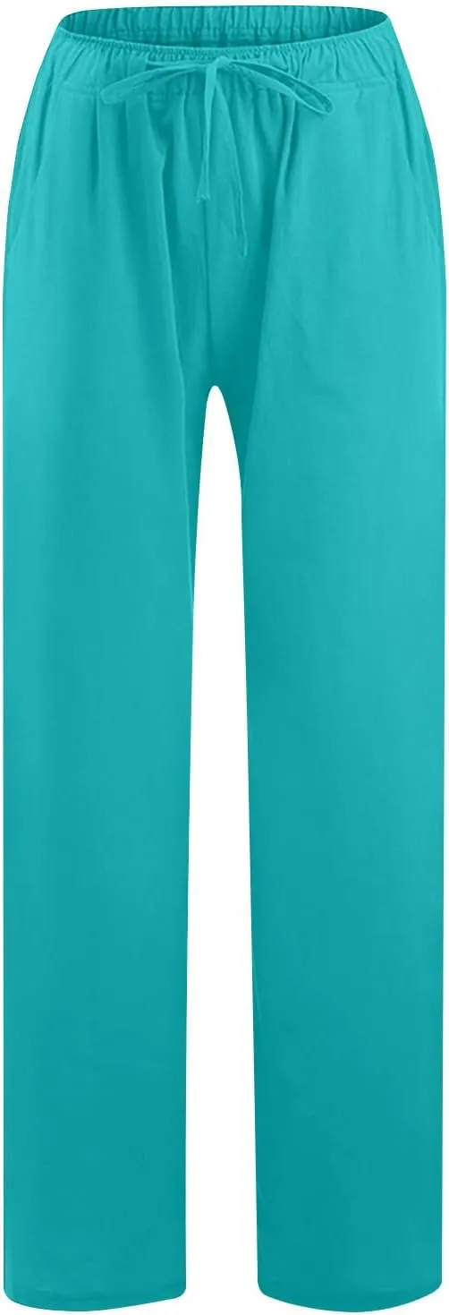 Lmdudan 2025 Womens Casual Linen High Waist Pants Drawstring Loose Fit Summer Pants Comfy Dressy Trousers with Pockets