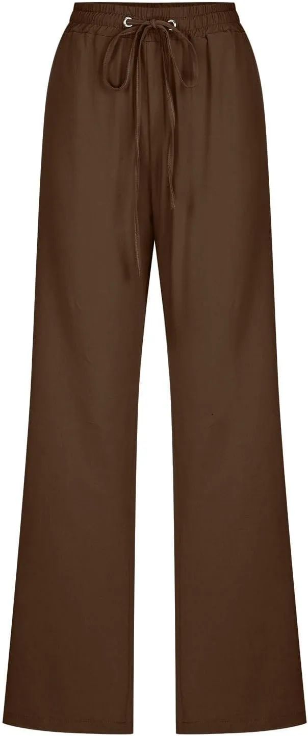 Lmdudan Cotton Linen Pants Women Plus Size Wide Leg Sweatpants Summer Drawstrings Elastic Waist Casual Trousers with Pockets