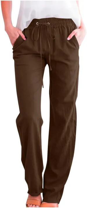 Lmdudan Cotton Linen Pants Women Plus Size Wide Leg Sweatpants Summer Drawstrings Elastic Waist Casual Trousers with Pockets