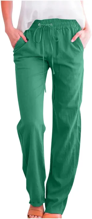 Lmdudan Cotton Linen Pants Women Plus Size Wide Leg Sweatpants Summer Drawstrings Elastic Waist Casual Trousers with Pockets