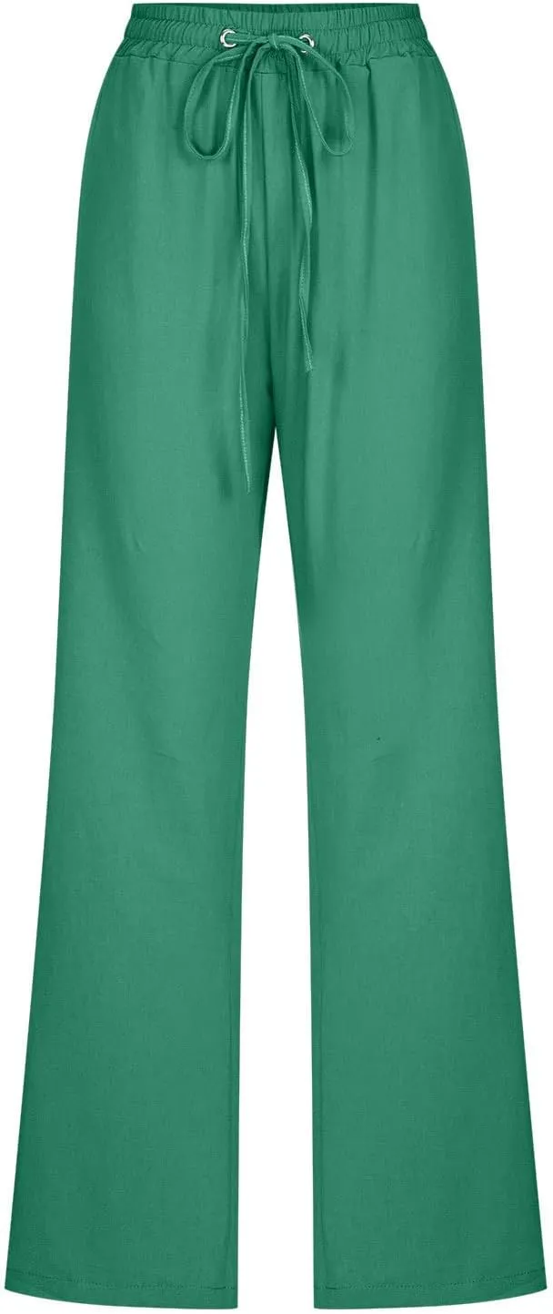 Lmdudan Cotton Linen Pants Women Plus Size Wide Leg Sweatpants Summer Drawstrings Elastic Waist Casual Trousers with Pockets